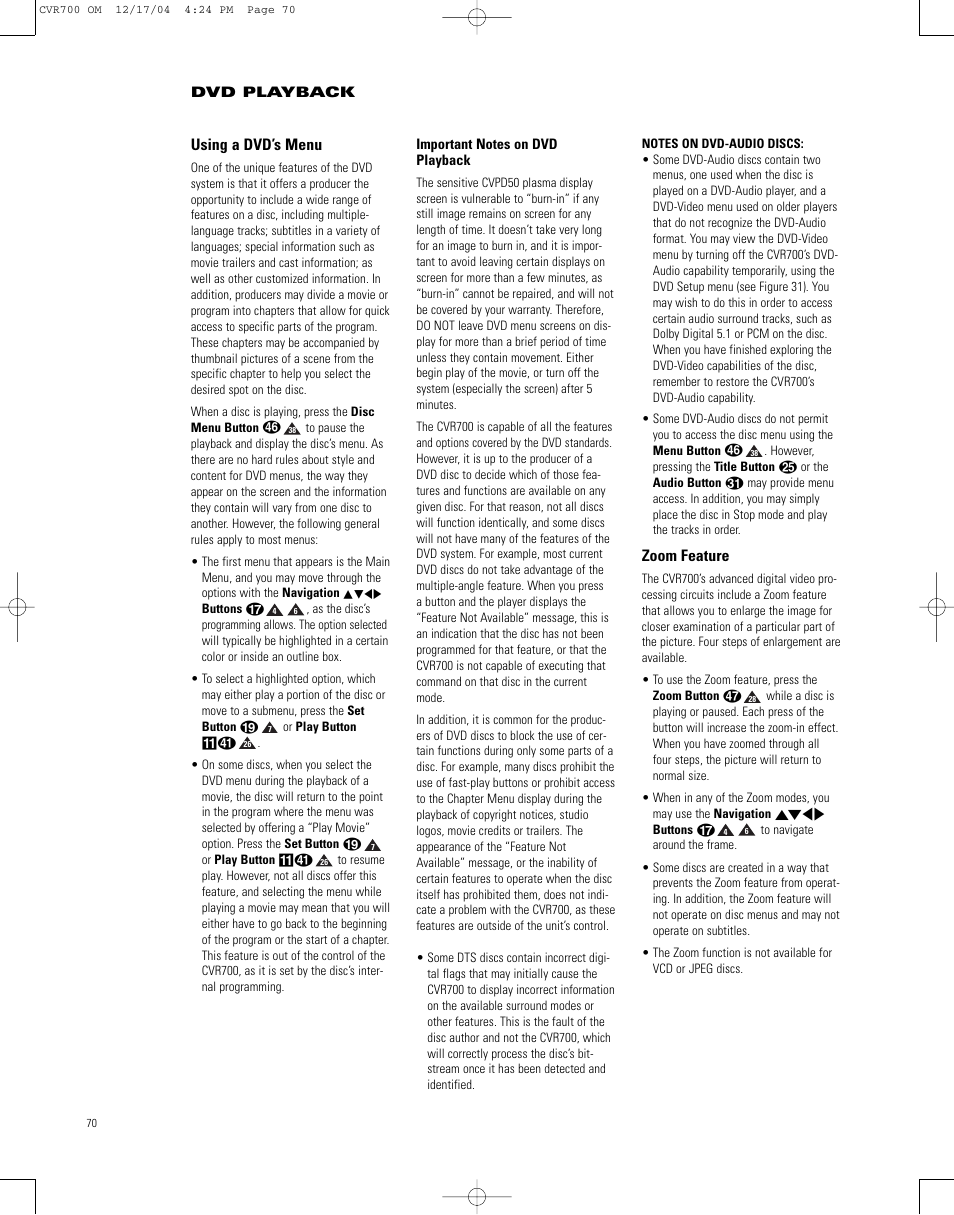 Using a dvd’s menu, Zoom feature, Dvd playback | JBL CVPD50 User Manual | Page 70 / 116