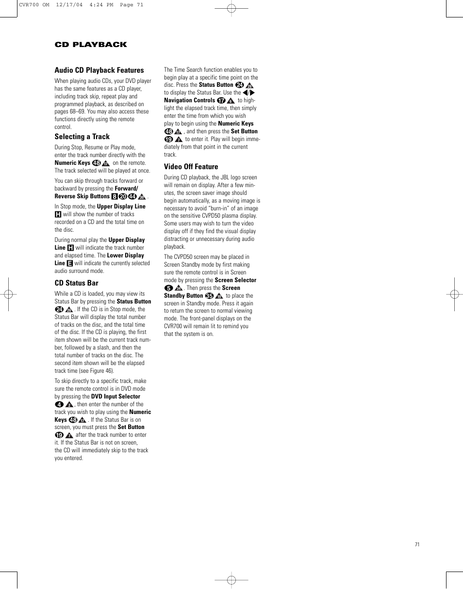 Audio cd playback features, Selecting a track, Cd status bar | Video off feature, Cd playback | JBL CVPD50 User Manual | Page 71 / 116