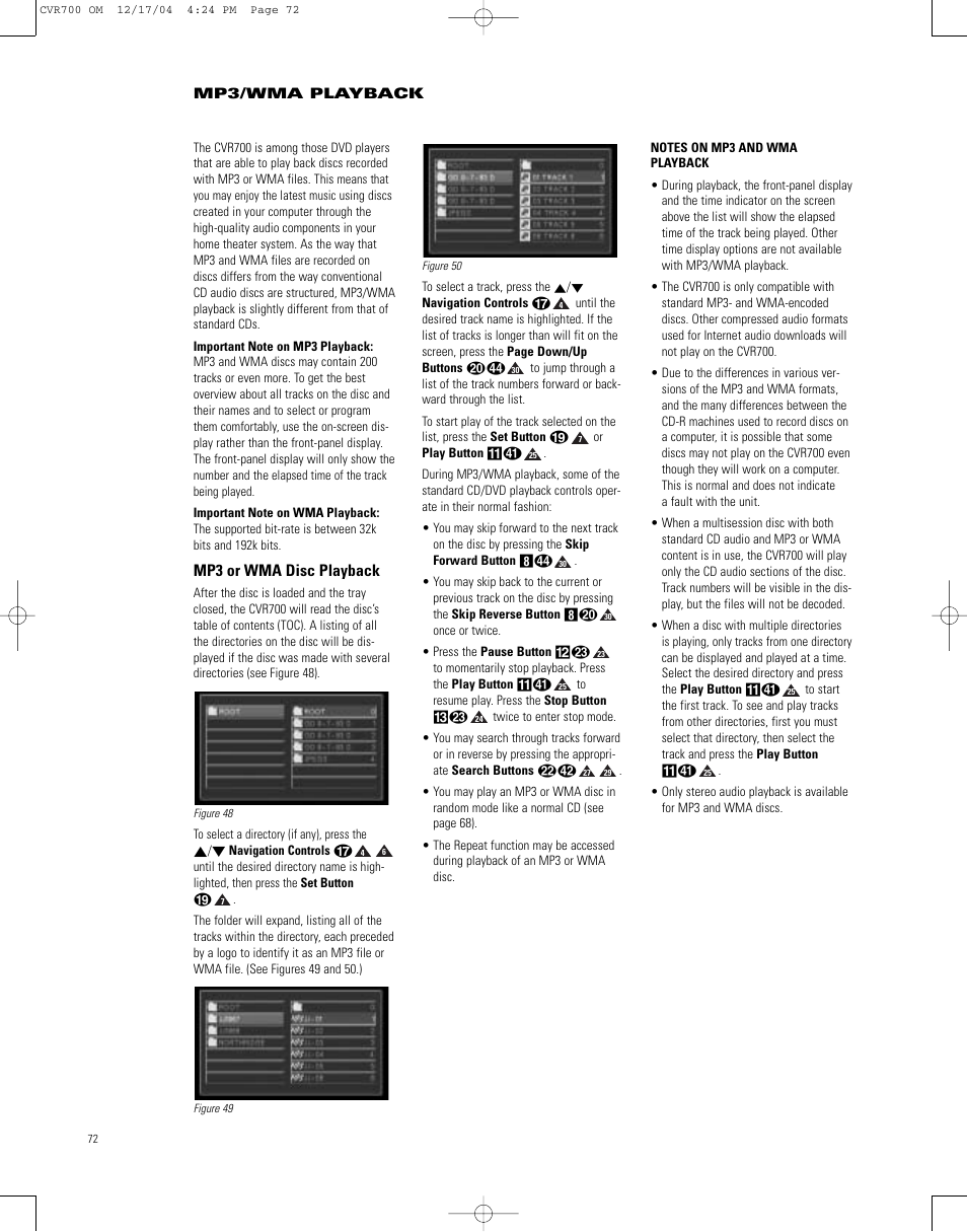 Mp3 or wma disc playback, Mp3/wma playback | JBL CVPD50 User Manual | Page 72 / 116