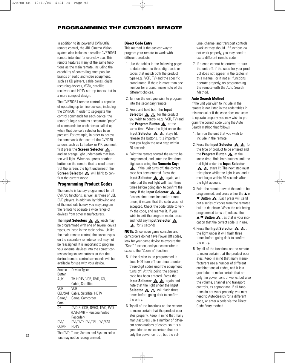 Programming product codes, Programming the cvr700r1 remote | JBL CVPD50 User Manual | Page 92 / 116