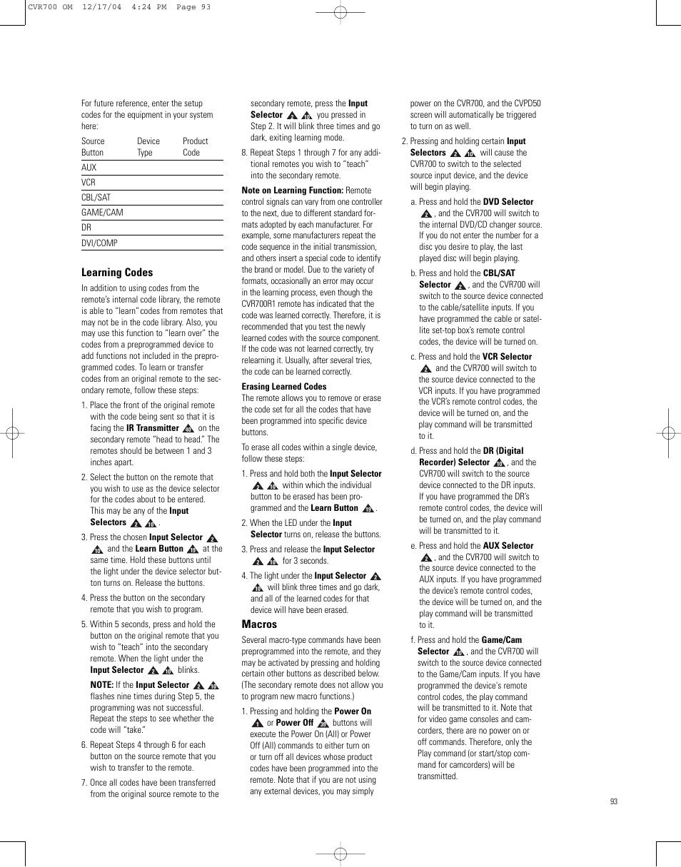 Learning codes, Macros | JBL CVPD50 User Manual | Page 93 / 116