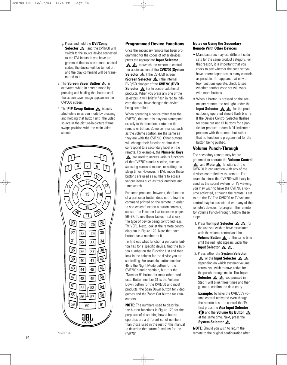 Programmed device functions, Volume punch-through | JBL CVPD50 User Manual | Page 94 / 116