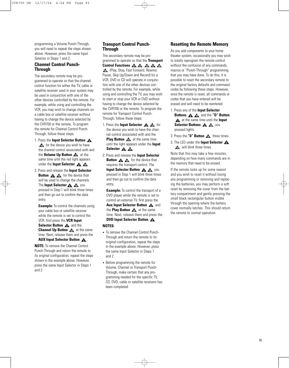Channel control punch- through, Transport control punch- through | JBL CVPD50 User Manual | Page 95 / 116