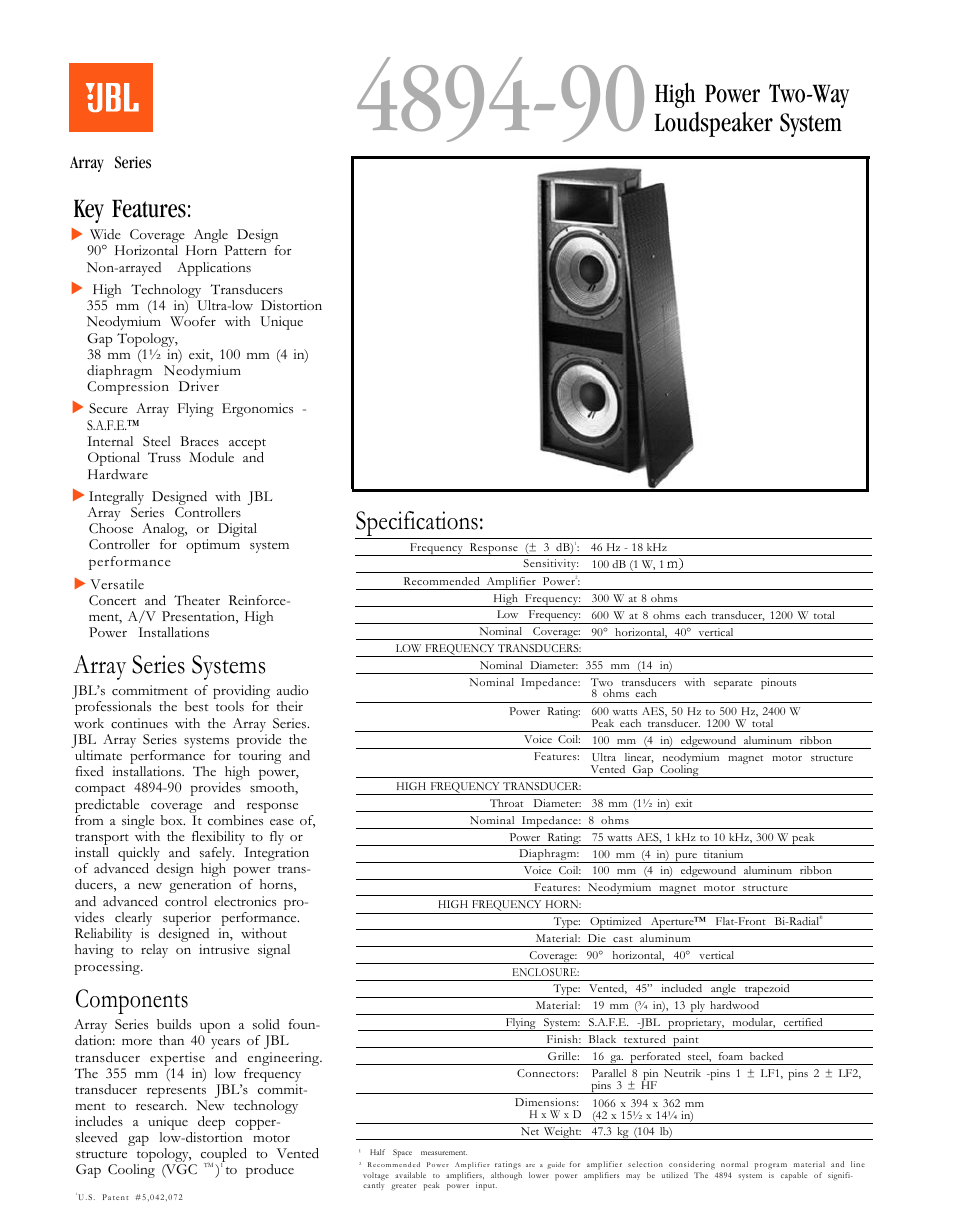 JBL Array Series 4894-90 User Manual | 2 pages