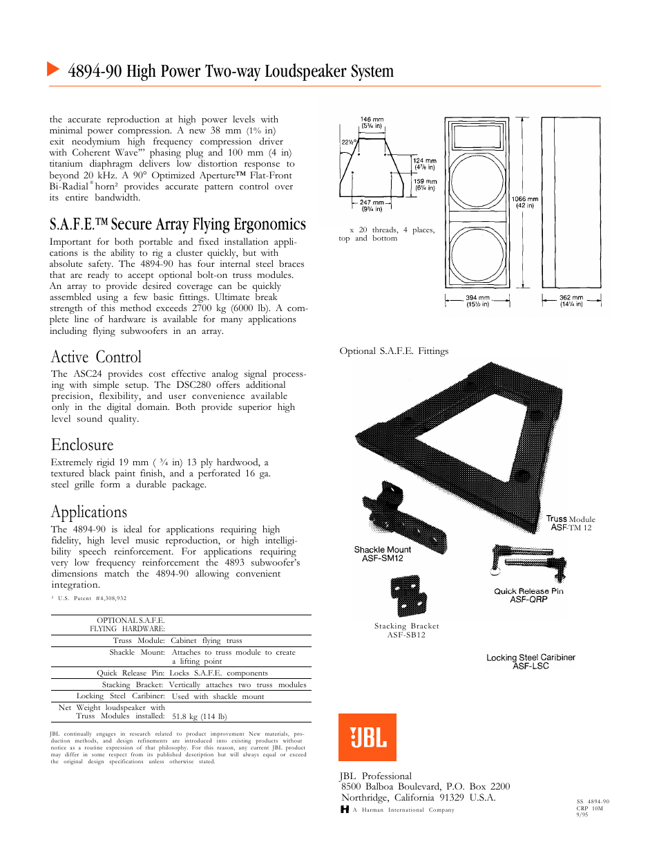 S.a.f.e.™ secure array flying ergonomics, Active control, Enclosure | Applications | JBL Array Series 4894-90 User Manual | Page 2 / 2