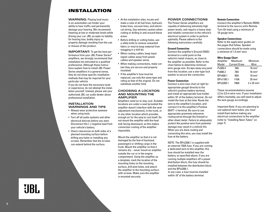 Installation | JBL POWER SERIES PX300.4 User Manual | Page 2 / 8