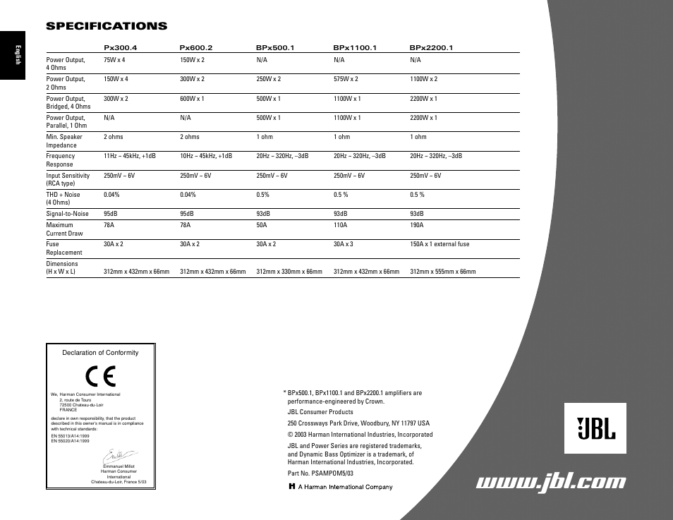 Specifications | JBL POWER SERIES PX300.4 User Manual | Page 8 / 8