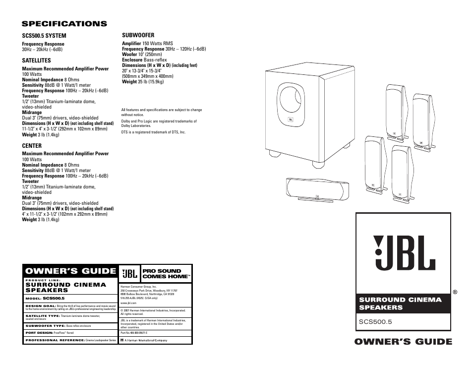 JBL SCS500.5 User Manual | 6 pages