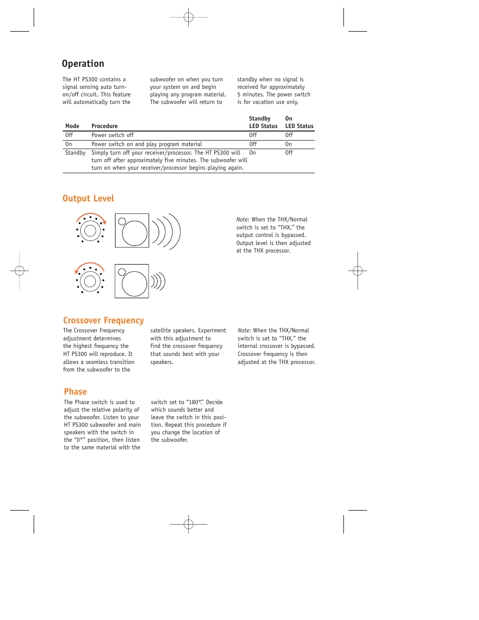 Operation, Crossover frequency phase output level | JBL HT PS300 User Manual | Page 6 / 8