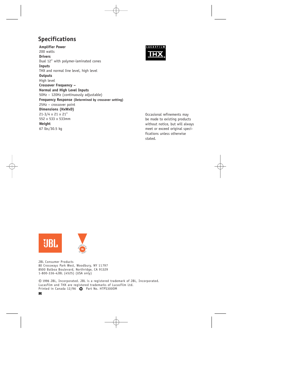 Specifications | JBL HT PS300 User Manual | Page 8 / 8