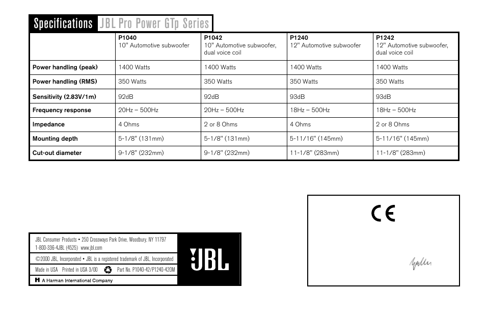 Specifications jbl pro power gtp series | JBL P1242 User Manual | Page 4 / 4