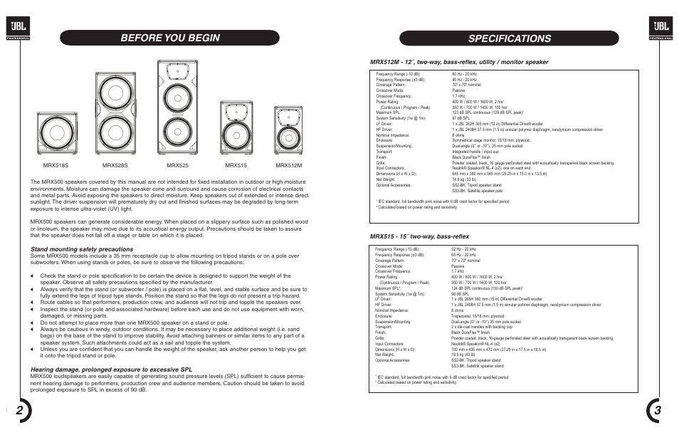 Before you begin, Specifications, Stand mounting safety precautions | JBL MRX 500 User Manual | Page 3 / 11