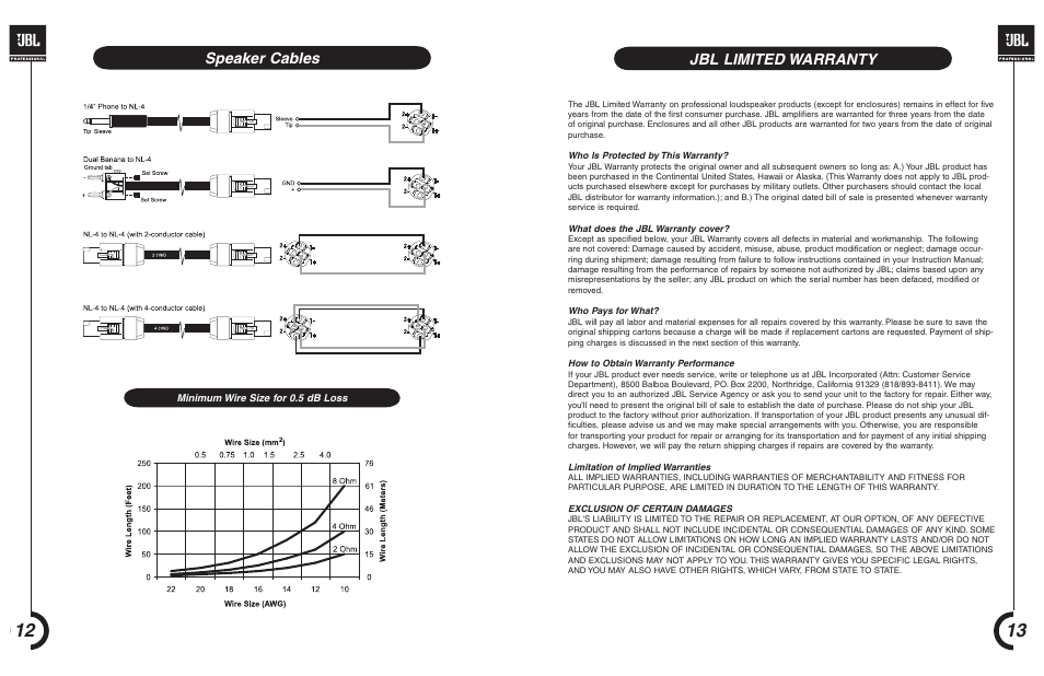 Speaker cables, Jbl limited warranty | JBL MRX 500 User Manual | Page 8 / 11