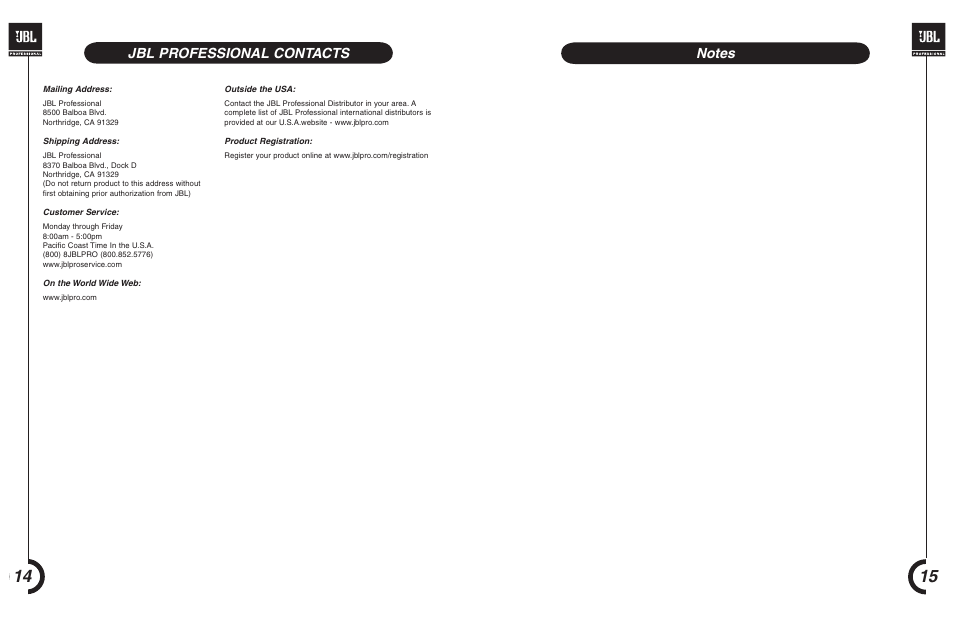 Jbl professional contacts | JBL MRX 500 User Manual | Page 9 / 11