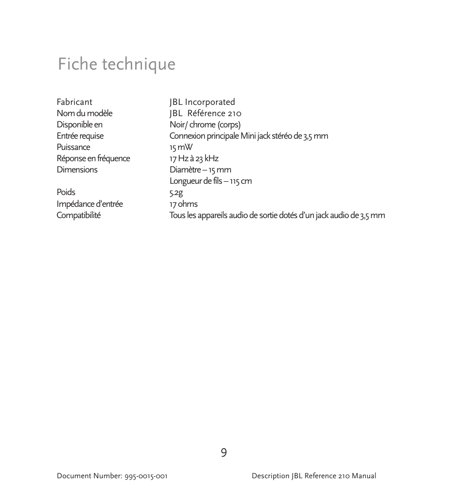 Fiche technique | JBL 210 User Manual | Page 10 / 29