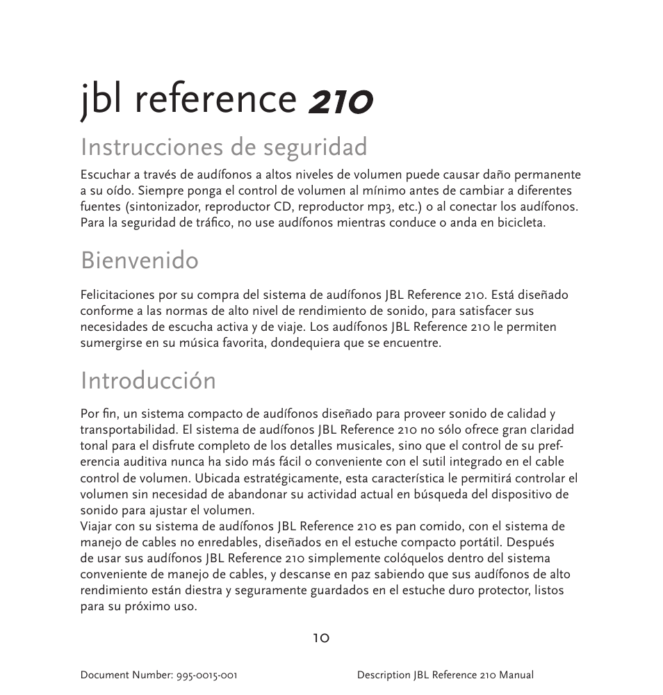 Jbl reference, Instrucciones de seguridad, Bienvenido | Introducción | JBL 210 User Manual | Page 11 / 29