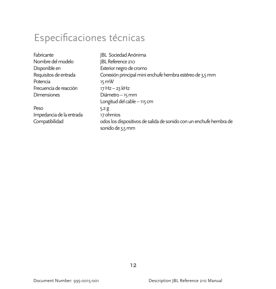 Especificaciones técnicas | JBL 210 User Manual | Page 13 / 29