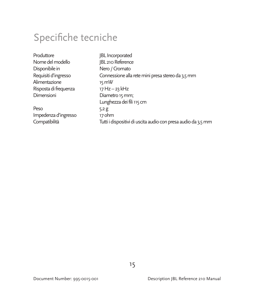 Specifiche tecniche | JBL 210 User Manual | Page 16 / 29