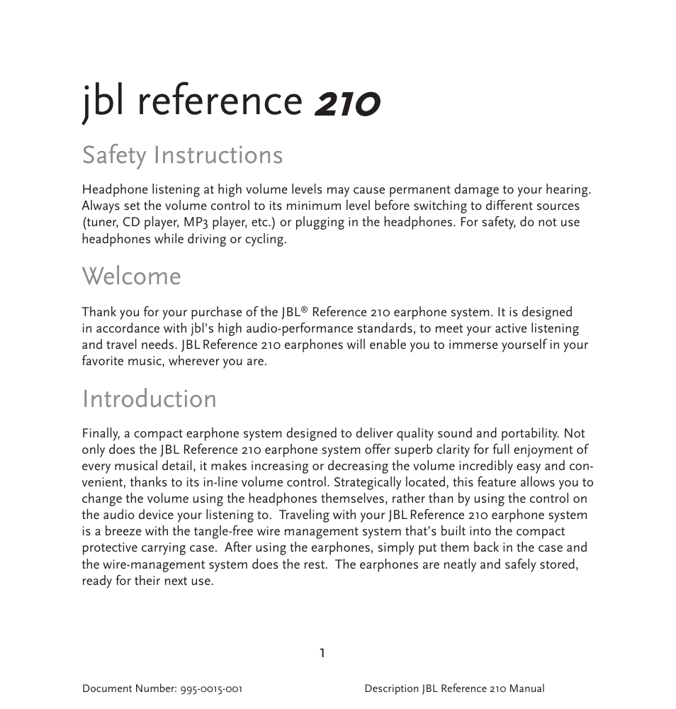 Jbl reference, Safety instructions, Welcome | Introduction | JBL 210 User Manual | Page 2 / 29