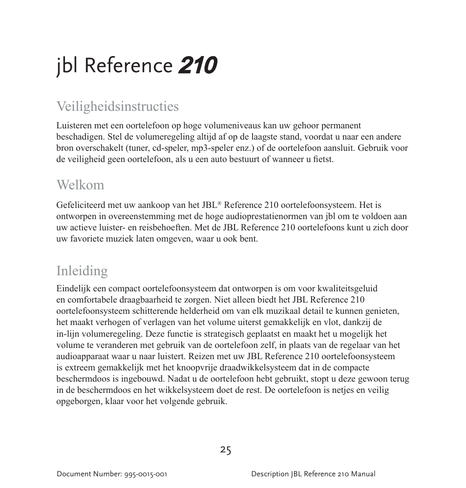 Jbl reference, Veiligheidsinstructies, Welkom | Inleiding | JBL 210 User Manual | Page 26 / 29