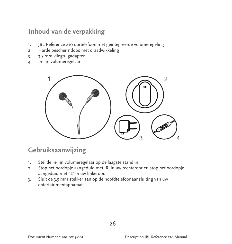 Inhoud van de verpakking, Gebruiksaanwijzing | JBL 210 User Manual | Page 27 / 29