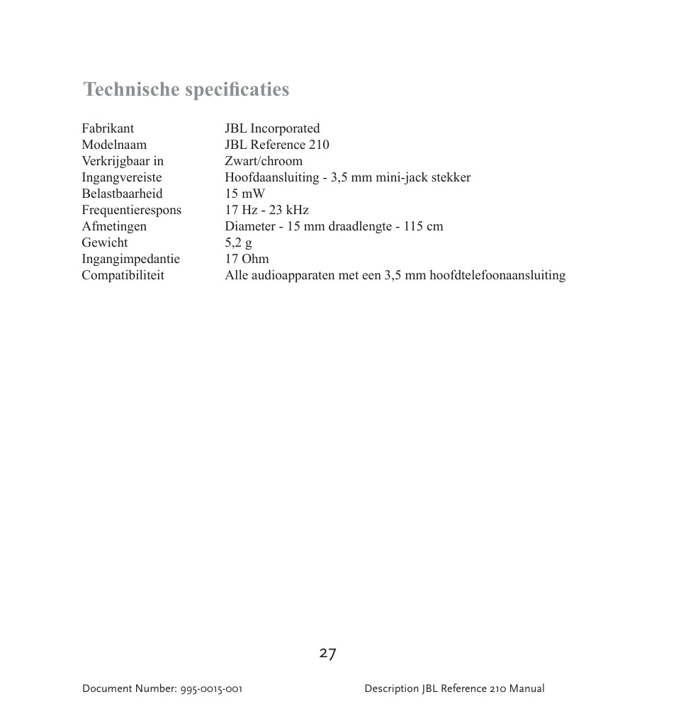 Technische specificaties | JBL 210 User Manual | Page 28 / 29