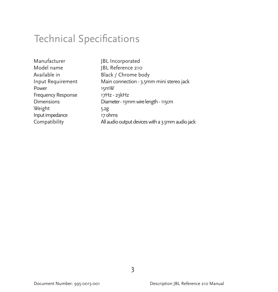 Technical specifications | JBL 210 User Manual | Page 4 / 29