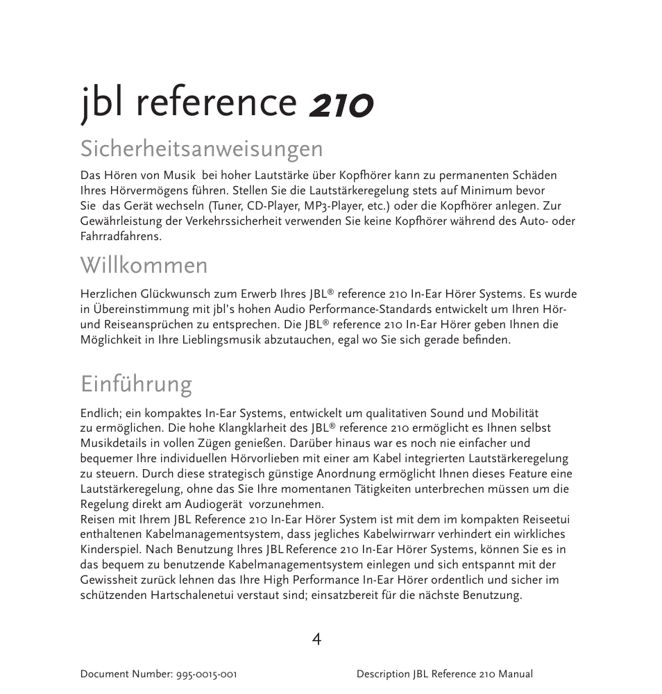 Jbl reference, Sicherheitsanweisungen, Willkommen | Einführung | JBL 210 User Manual | Page 5 / 29