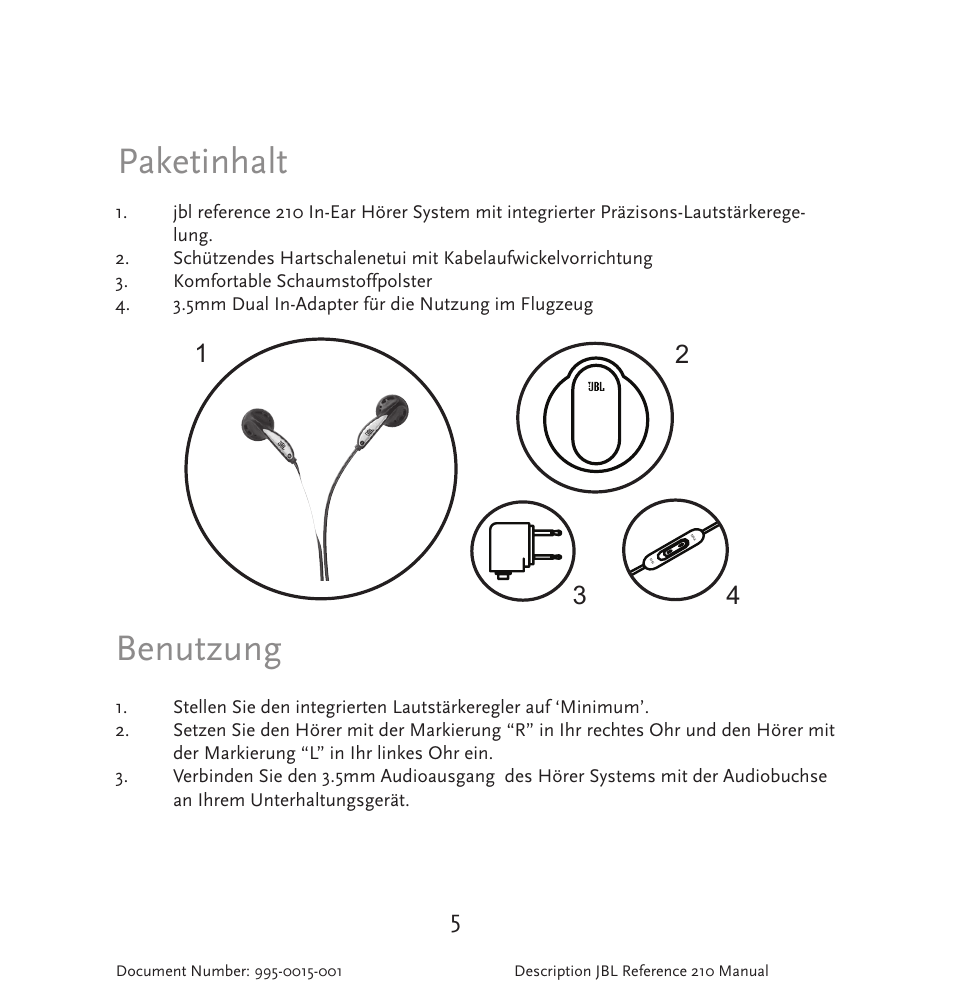 Paketinhalt, Benutzung | JBL 210 User Manual | Page 6 / 29