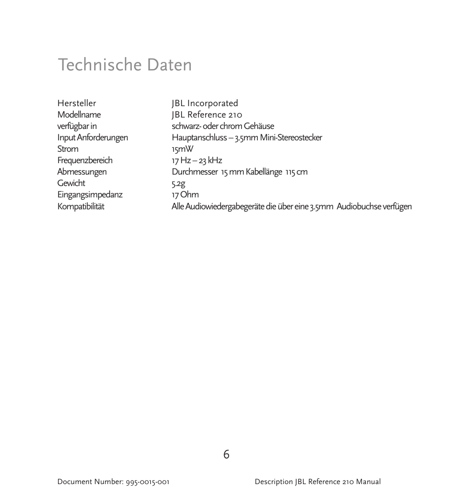 Technische daten | JBL 210 User Manual | Page 7 / 29