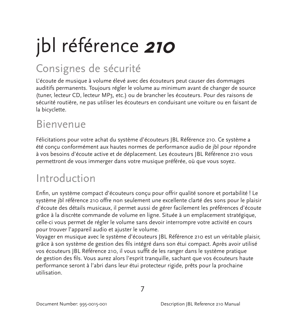 Jbl référence, Consignes de sécurité, Bienvenue | Introduction | JBL 210 User Manual | Page 8 / 29