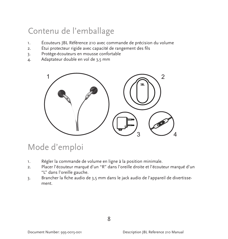 Contenu de l’emballage, Mode d’emploi | JBL 210 User Manual | Page 9 / 29