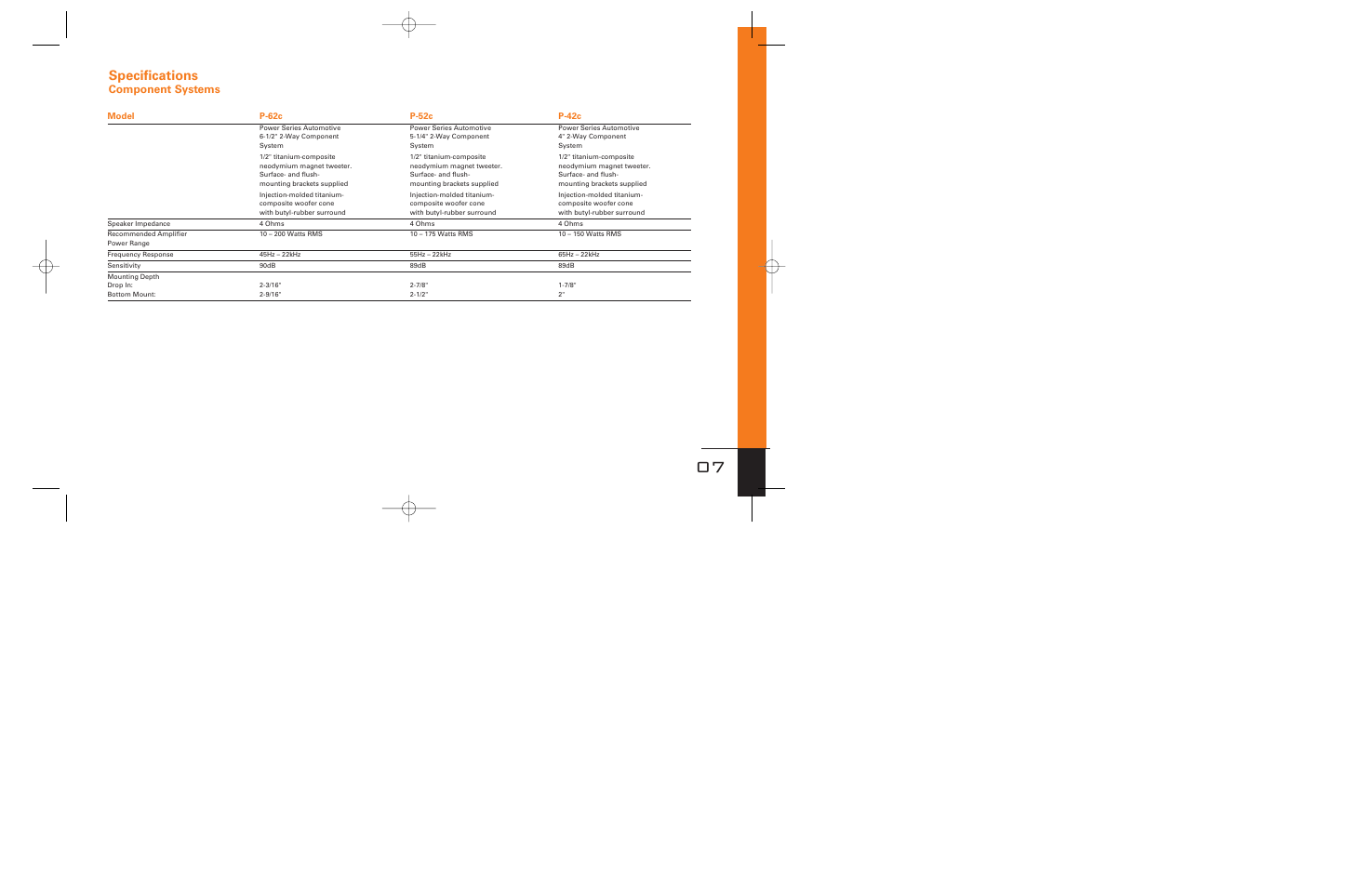 Specifications, Component systems | JBL Power P62c User Manual | Page 7 / 8