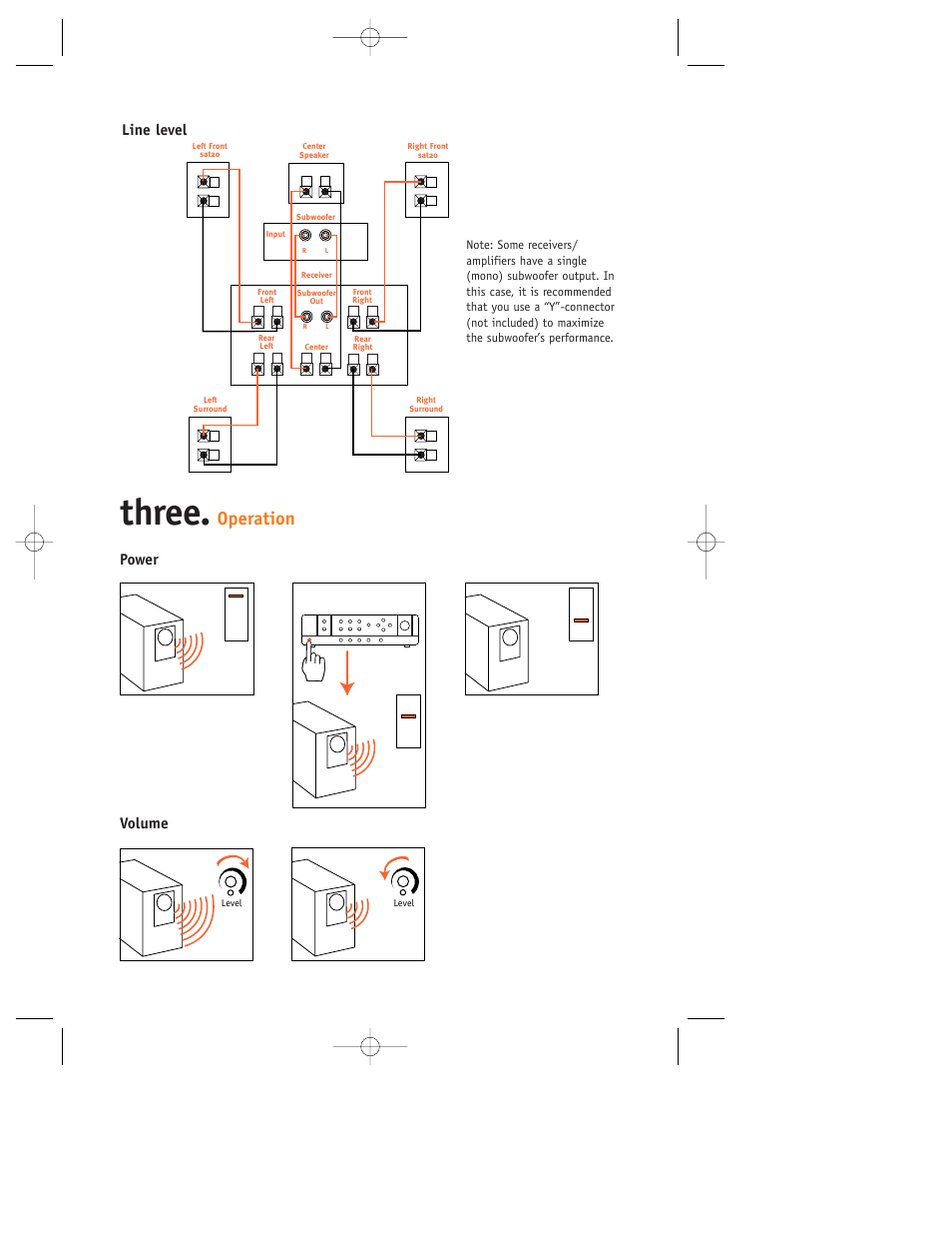 Three, Operation, Power volume | Line level | JBL SCS120 User Manual | Page 6 / 8