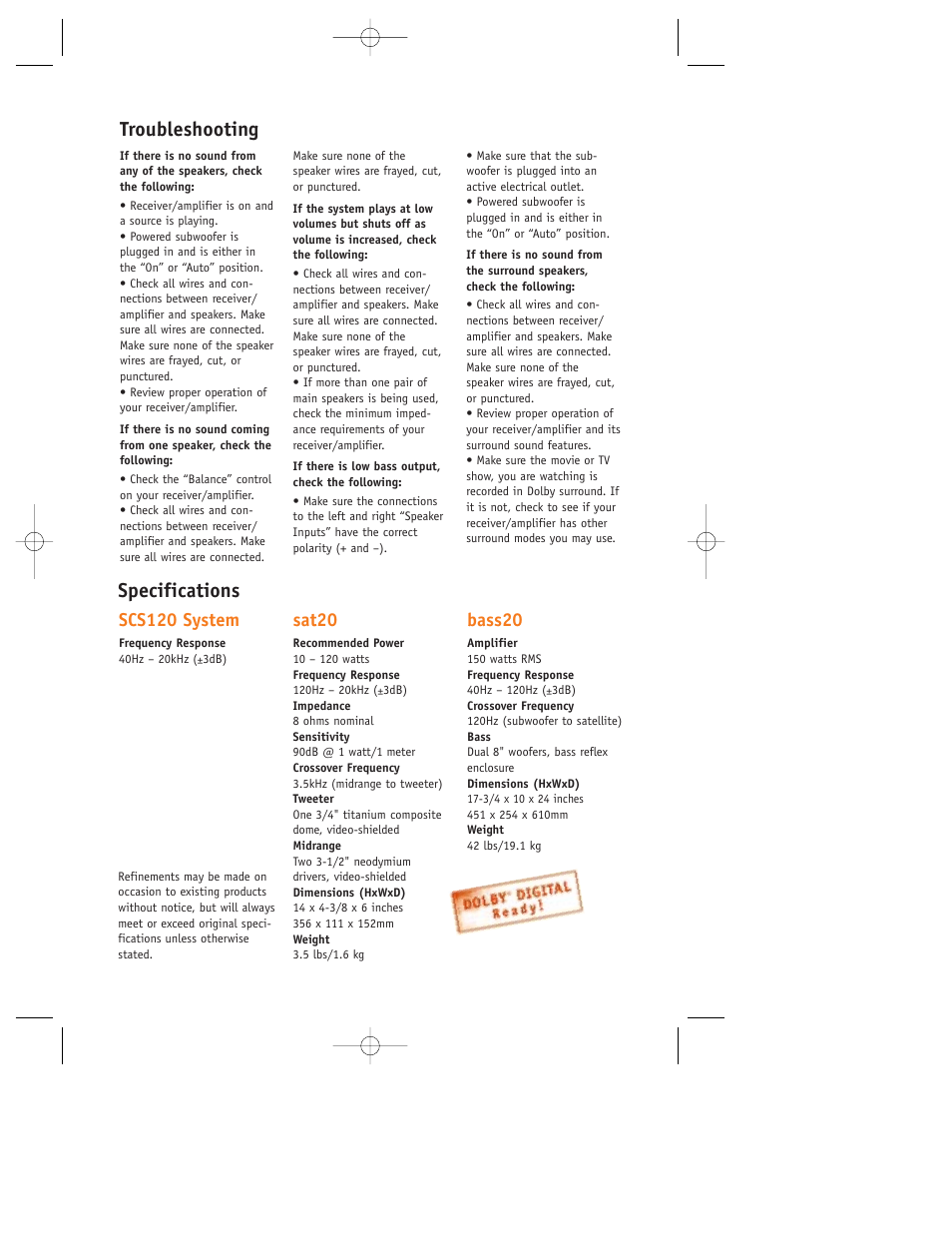 Specifications, Troubleshooting, Scs120 system | Sat20, Bass20 | JBL SCS120 User Manual | Page 7 / 8