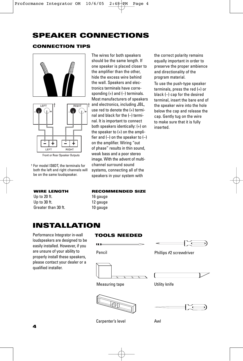 Installation, Speaker connections | JBL IS8C User Manual | Page 4 / 8