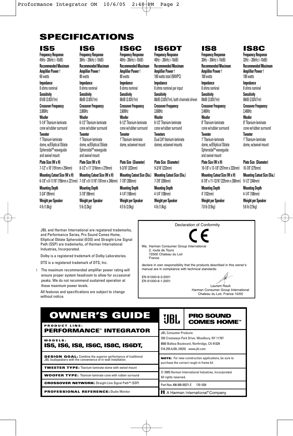 Owner’s guide, Specifications | JBL IS8C User Manual | Page 8 / 8