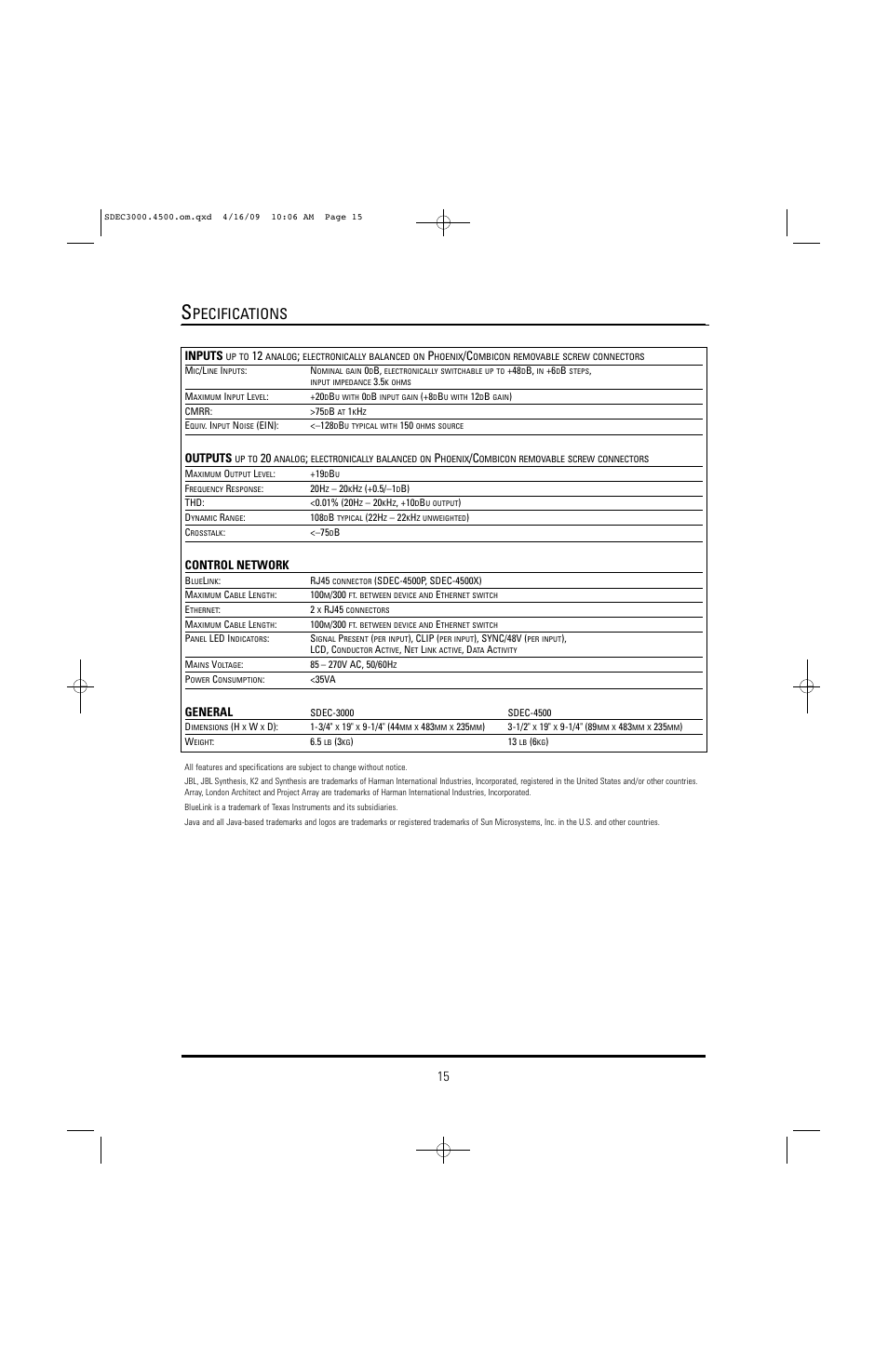 Pecifications, Inputs, Outputs | Control network, General | JBL SYNTHESIS SDEC-4500X User Manual | Page 15 / 16