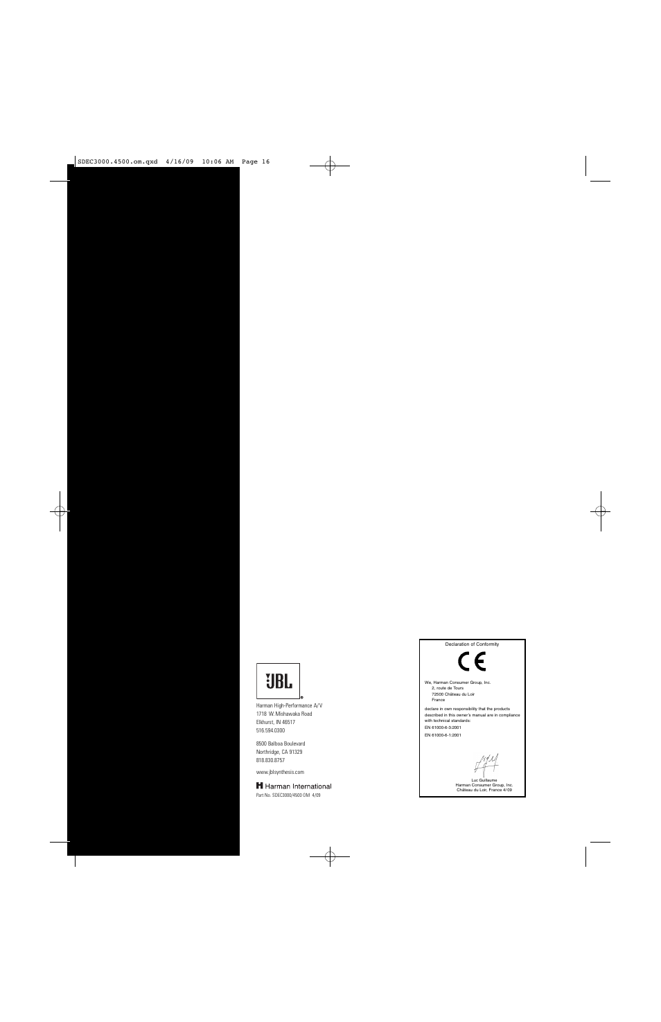 JBL SYNTHESIS SDEC-4500X User Manual | Page 16 / 16