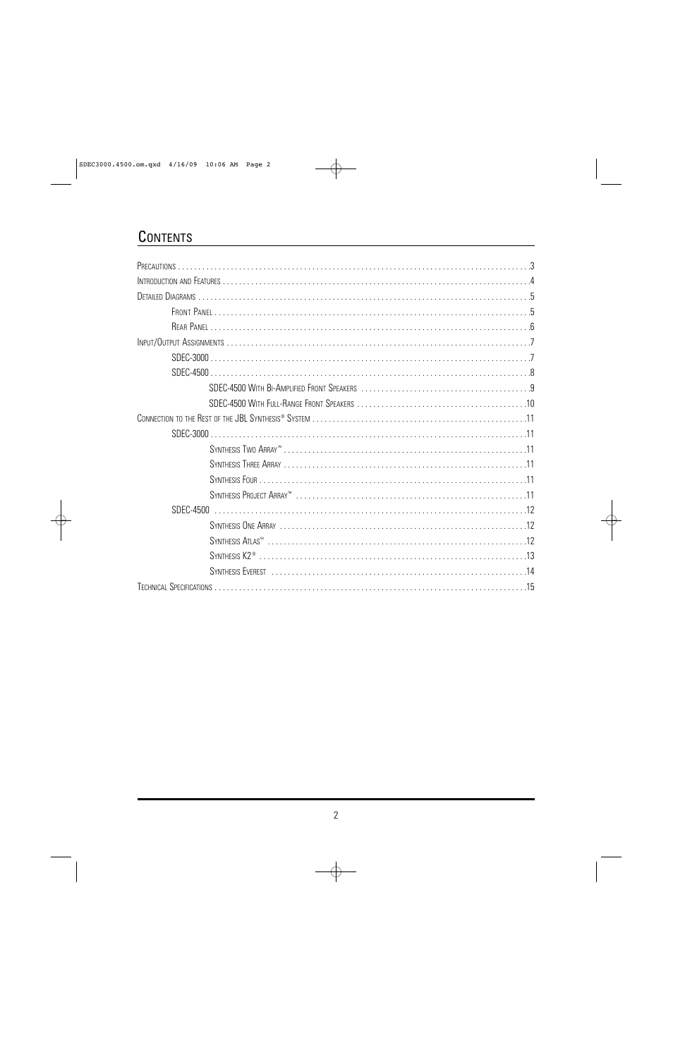 Ontents | JBL SYNTHESIS SDEC-4500X User Manual | Page 2 / 16