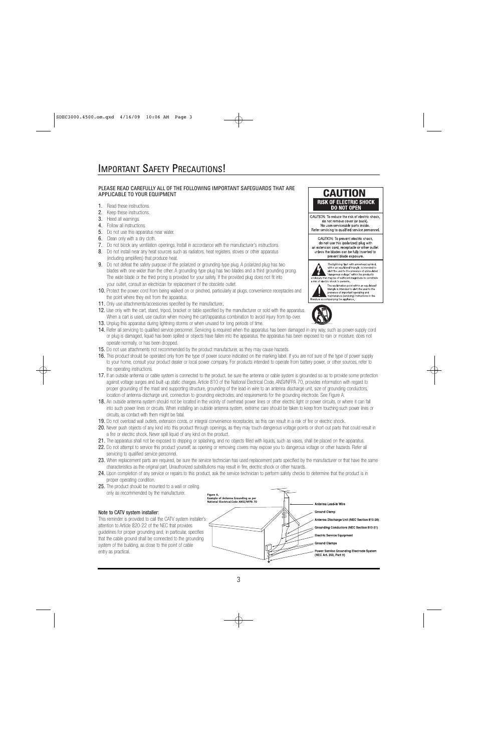 Mportant, Afety, Recautions | JBL SYNTHESIS SDEC-4500X User Manual | Page 3 / 16