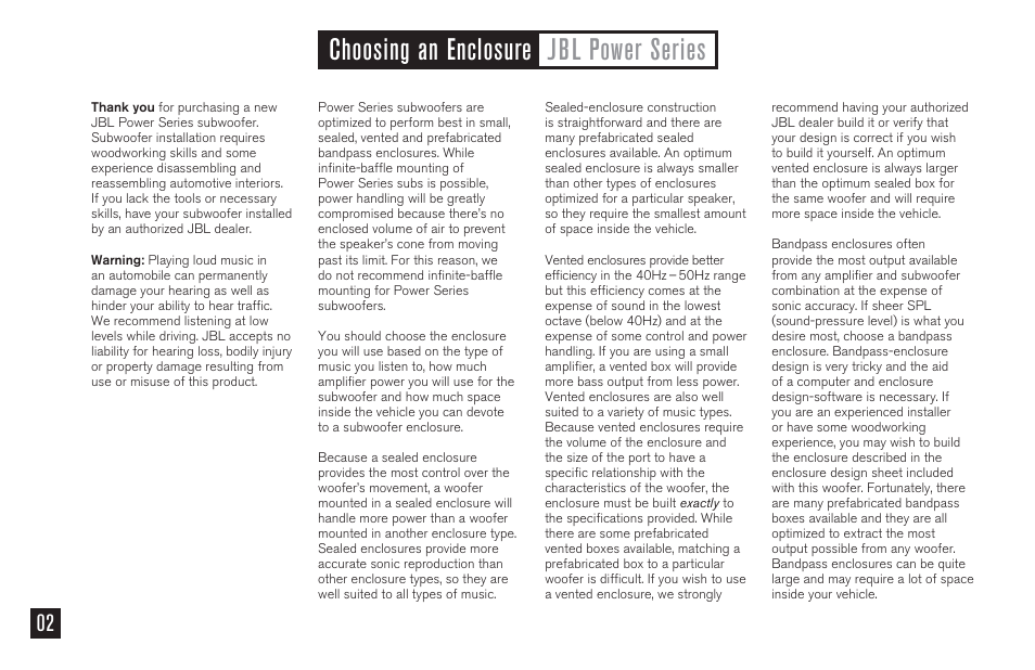 Choosing an enclosure jbl power series | JBL P1220DII User Manual | Page 2 / 4