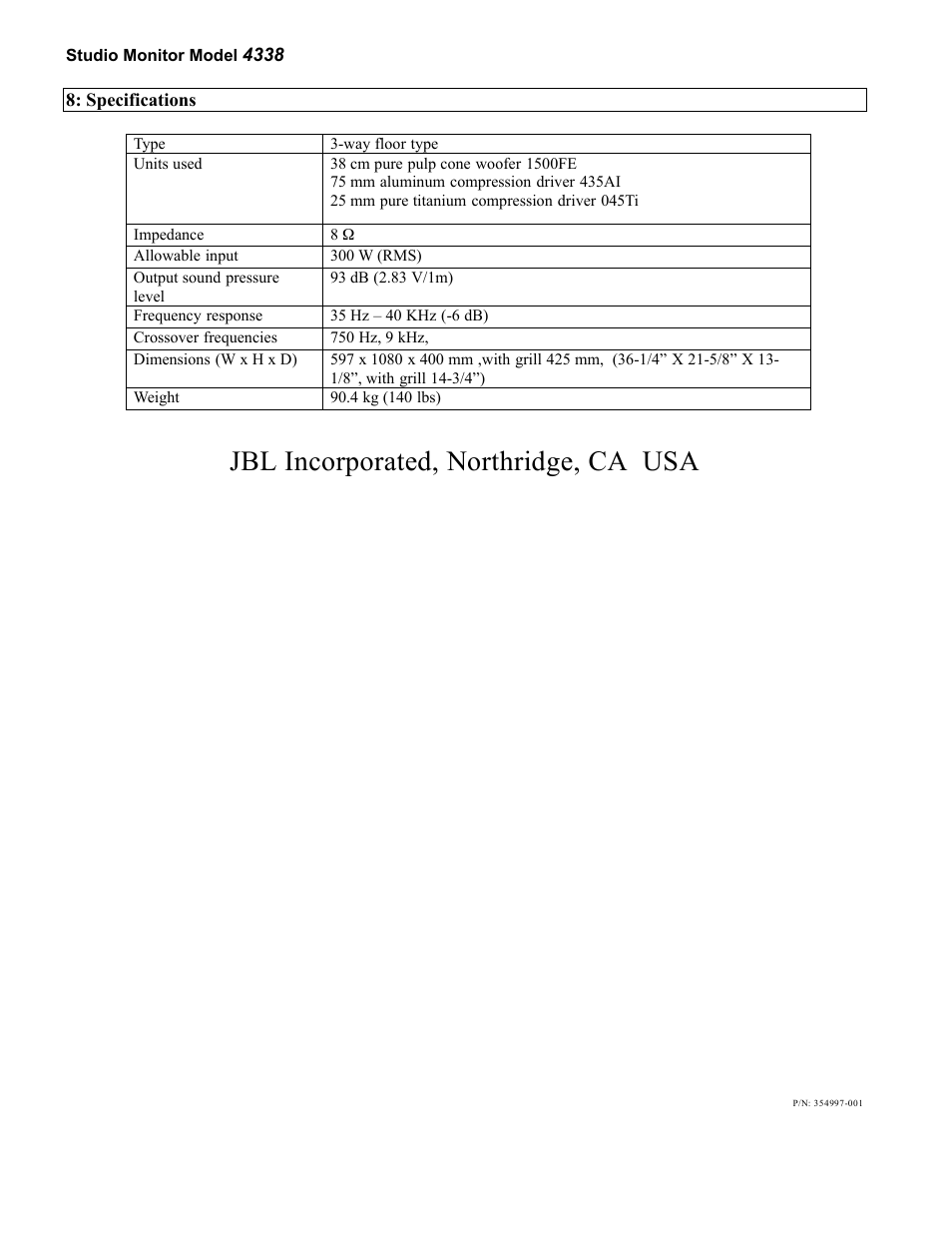 Jbl incorporated, northridge, ca usa | JBL 4338 User Manual | Page 4 / 4