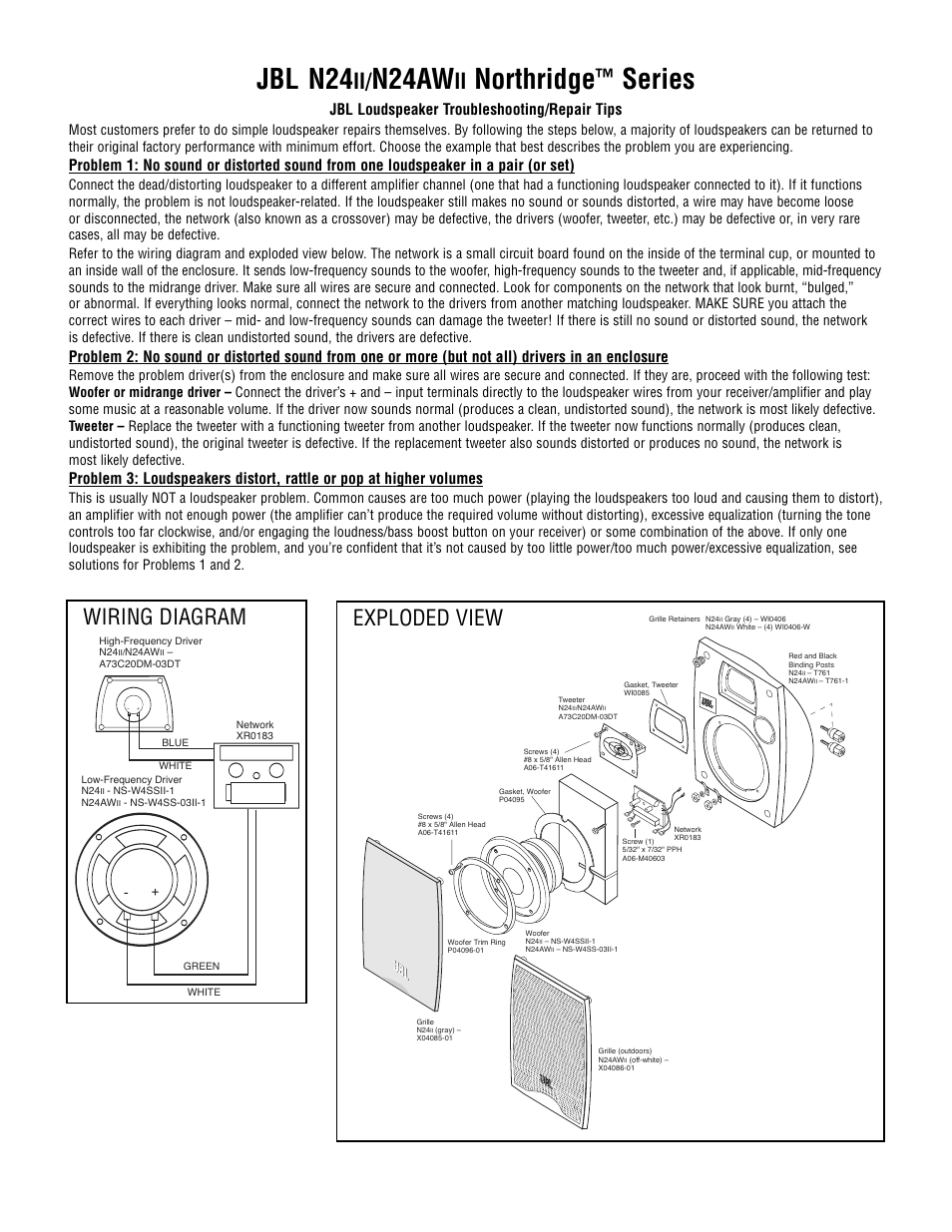 JBL Northridge N24AWII User Manual | 1 page