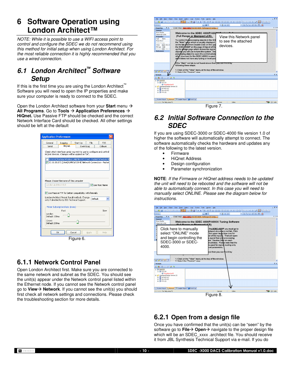 6 software operation using london architect, 1 london architect, Software setup | 2 initial software connection to the sdec, Network control panel, Open from a design file | JBL SDEC-4000 User Manual | Page 10 / 24