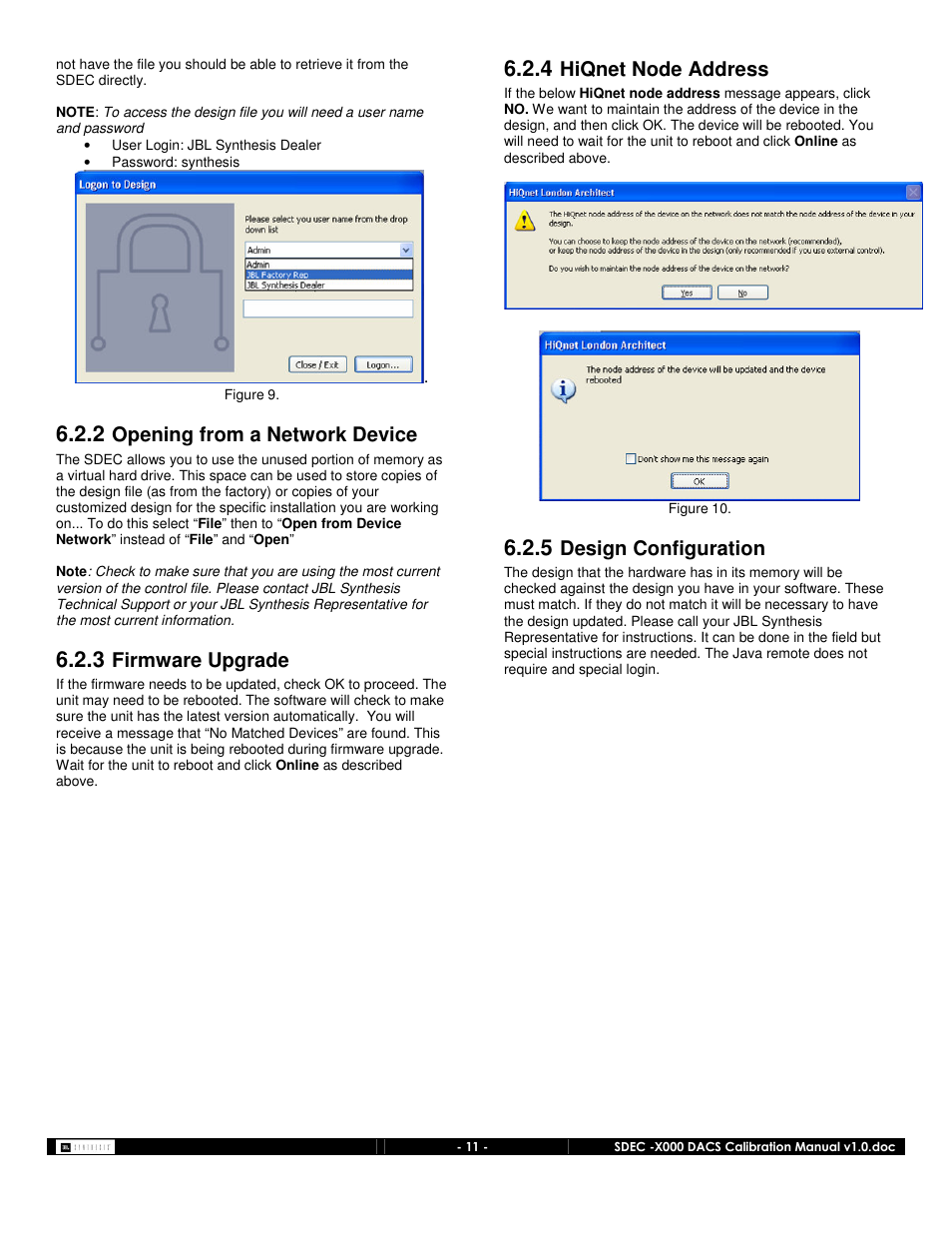 Opening from a network device, Firmware upgrade, Hiqnet node address | Design configuration | JBL SDEC-4000 User Manual | Page 11 / 24