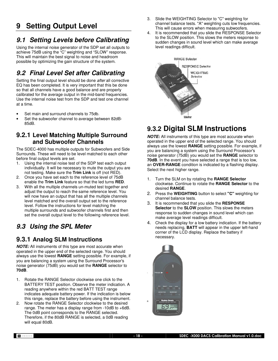 9 setting output level, Digital slm instructions, 1 setting levels before calibrating | 2 final level set after calibrating, 3 using the spl meter 9.3.1, Analog slm instructions | JBL SDEC-4000 User Manual | Page 18 / 24