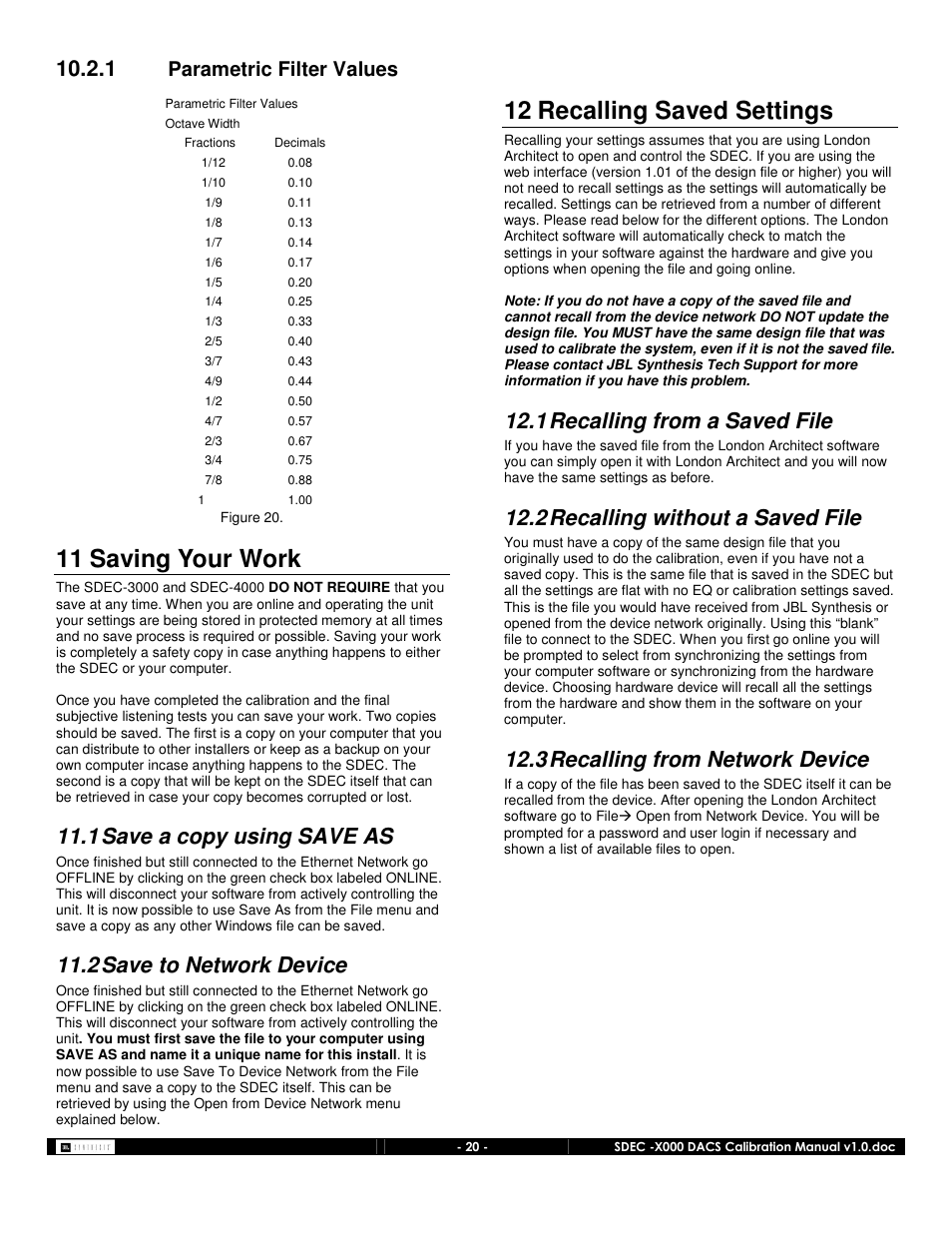 11 saving your work, 12 recalling saved settings, 1 save a copy using save as | 2 save to network device, 1 recalling from a saved file, 2 recalling without a saved file, 3 recalling from network device, Parametric filter values | JBL SDEC-4000 User Manual | Page 20 / 24