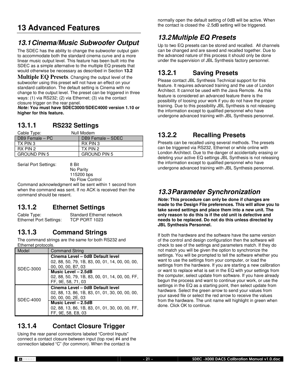 13 advanced features, 1 cinema/music subwoofer output, 2 multiple eq presets | 3 parameter synchronization, Rs232 settings, Ethernet settings, Command strings, Contact closure trigger, Saving presets, Recalling presets | JBL SDEC-4000 User Manual | Page 21 / 24