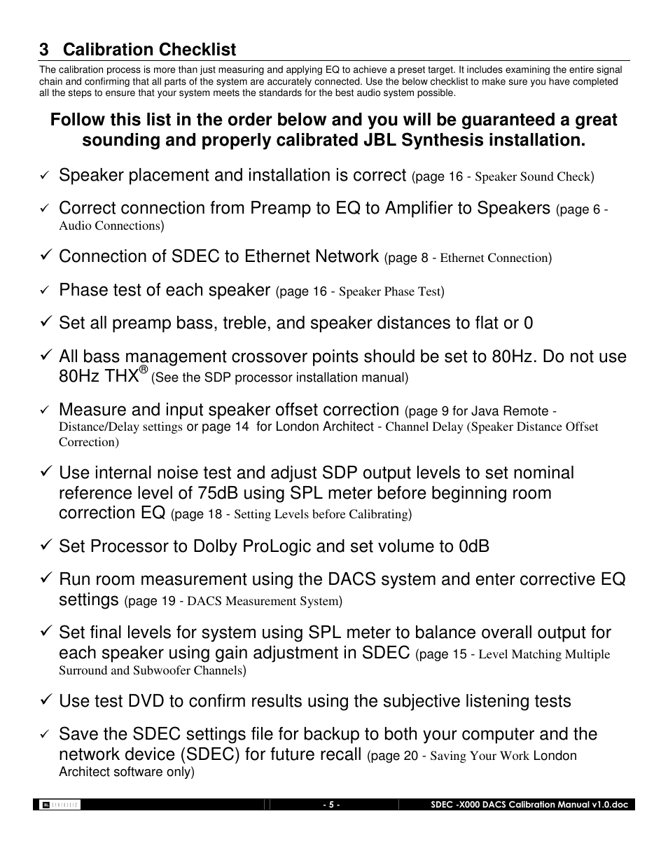 3 calibration checklist, Speaker placement and installation is correct, Connection of sdec to ethernet network | Phase test of each speaker, Measure and input speaker offset correction | JBL SDEC-4000 User Manual | Page 5 / 24